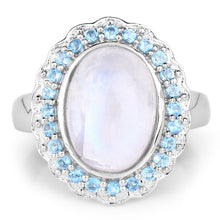 Load image into Gallery viewer, 7.21 Carat Genuine White Rainbow Moonstone &amp; Swiss Blue Topaz .925 Sterling Silver Ring
