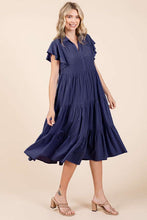 Load image into Gallery viewer, Ruffle Sleeve Collared V Neck Tiered Midi Dress For Women – Fluttering, Feminine and Polished Midi Dress with Layered Details For Any Occasion

