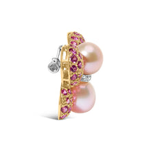 Load image into Gallery viewer, 18K Yellow and White Gold 9MM South Sea Pearl and Pink Sapphire Butterfly Pin Brooch with Diamond Accent (F-G Color, VS1-VS2 Clarity)
