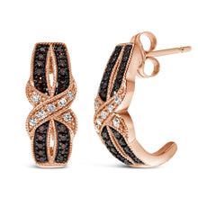 Load image into Gallery viewer, 10K Rose Gold 1/3 Cttw White and Brown Diamond Milgrain Criss Cross J-Hoop Earrings (I-J Color, I1-I2 Clarity)
