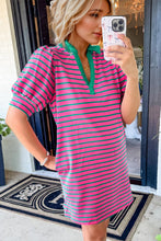 Load image into Gallery viewer, Pink Striped Collar Puff Sleeve Mini Tee Dress Chic &amp; Casual Statement Piece Simple Women Dress

