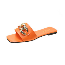 Load image into Gallery viewer, Women Sandals Design Gold Chain Closed Toe Slip On Mules Shoes Flat Heels Square Head Casual Slides Summer Slippers Open Toe Flat Sandals Metal Chain PU Leather Slides Shoes
