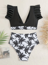Load image into Gallery viewer, Bikini Black Solid Color Ruffle V Neck 2 Piece Swimsuit for Women – High Waisted Flattering Bikini Set with Lettuce Trim Bottoms – Sleek Stretchy Fabric Swimwear for Beach Days Poolside Style and Summer Vacation Looks
