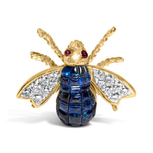 Load image into Gallery viewer, 18K Yellow Gold 3/8 Cttw Diamond and 5 4/5 Cttw Blue Sapphire Bumblebee Brooch Pin (F-G Color, VS2-SI1 Clarity)
