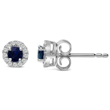 Load image into Gallery viewer, 10K White Gold 3.25mm x 3.25mm Round Blue Sapphire and 1/10 Cttw Diamond Halo Stud Earrings (I-J Color, I1-I2 Clarity)
