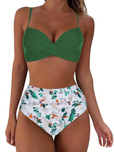 Load image into Gallery viewer, Tropical Vibe High Waist Bikini Set – Flirty V-Neck Swimsuit with Layered Colorblock High Cut Bottom Crisscross Strap Detail &amp; Ultra-Stretch Comfort – Women's Two Piece Swimwear for Summer Beach Pool &amp; Vacation Fun
