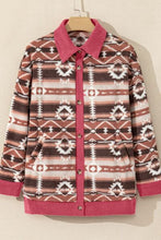 Load image into Gallery viewer, Retro Unique Geometric Print Corduroy Trim Button-Up Jacket Classic Modern Deep Rose Jacket
