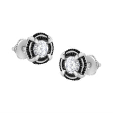 Load image into Gallery viewer, Black Rhodium Plated .925 Sterling Silver Round 1-1/2 cttw Diamond Double Halo 4-Prong Solitaire Milgrain Stud Earrings (H-I Color, I2-I3 Clarity)
