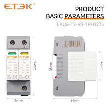 Load image into Gallery viewer, ETEK House Surge Protective Device Protector Arrester Protection Type T2 SPD AC 2P 4P 20KA~40KA 1P+NPE 3P+NPE 275V EKU5
