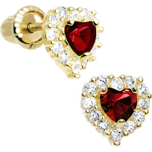 Load image into Gallery viewer, 14k Yellow Gold Heart CZ January Birthstone Youth Screwback Earrings
