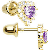 Load image into Gallery viewer, 14k Yellow Gold Heart CZ February Birthstone Youth Screwback Earrings
