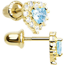 Load image into Gallery viewer, 14k Yellow Gold Heart CZ March Birthstone Youth Screwback Earrings
