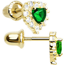 Load image into Gallery viewer, 14k Yellow Gold Heart CZ May Birthstone Youth Screwback Earrings

