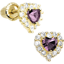 Load image into Gallery viewer, 14k Yellow Gold Heart CZ June Birthstone Youth Screwback Earrings
