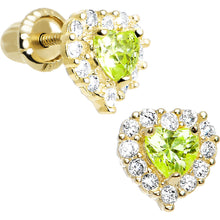 Load image into Gallery viewer, 14k Yellow Gold Heart CZ August Birthstone Youth Screwback Earrings
