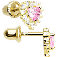 Load image into Gallery viewer, 14k Yellow Gold Heart CZ October Birthstone Youth Screwback Earrings
