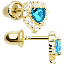 Load image into Gallery viewer, 14k Yellow Gold Heart CZ December Birthstone Youth Screwback Earrings
