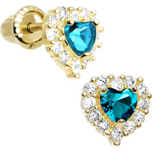 Load image into Gallery viewer, 14k Yellow Gold Heart CZ December Birthstone Youth Screwback Earrings
