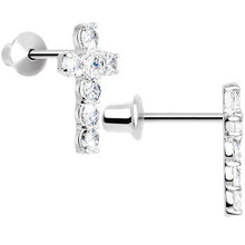 Load image into Gallery viewer, .925 Sterling Silver Clear CZ Cross Youth Screwback Earrings
