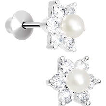 Load image into Gallery viewer, .925 Sterling Silver Clear CZ Pearl Flower Youth Screwback Earrings

