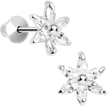 Load image into Gallery viewer, .925 Sterling Silver Clear CZ Dainty Flower Youth Screwback Earrings
