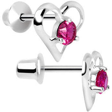Load image into Gallery viewer, .925 Sterling Silver Pink CZ Hollow Heart Youth Screwback Earrings
