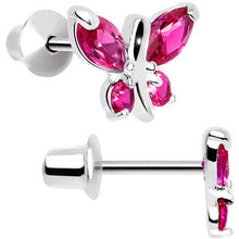 Load image into Gallery viewer, .925 Sterling Silver Pink CZ Butterfly Youth Screwback Earrings

