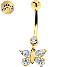Load image into Gallery viewer, 16G Solid 14k Yellow Gold Dangle CZ Butterfly Belly Ring
