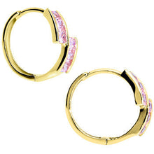 Load image into Gallery viewer, 14k Yellow Gold Pink CZ Square Huggy Earrings
