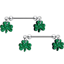 Load image into Gallery viewer, 14G 5/8 Green Glitter St Patricks Day Shamrock Nipple Ring Set
