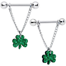 Load image into Gallery viewer, 14G 5/8 Green Glitter Shamrock Chain Dangle Nipple Ring Set
