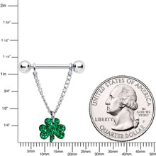 Load image into Gallery viewer, 14G 5/8 Green Glitter Shamrock Chain Dangle Nipple Ring Set
