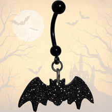 Load image into Gallery viewer, Glittery Black Bat Dangle Belly Ring
