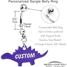 Load image into Gallery viewer, Custom Purple Stegosaurus Dinosaur Personalized Dangle Belly Ring
