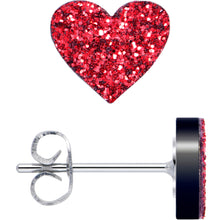 Load image into Gallery viewer, Ruby Red Glitter Heart Stud Earrings
