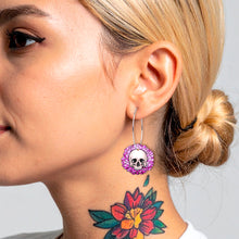 Load image into Gallery viewer, Blooming Pink Flower Skull Hoop Earrings by Onyx O
