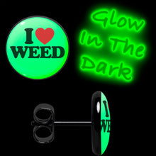 Load image into Gallery viewer, Black Anodized I Love Weed Glow in the Dark Stud Earrings by Onyx O
