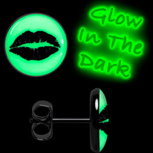 Load image into Gallery viewer, Black Anodized Steel Lipstick Kiss Mark Glow in the Dark Stud Earrings by Onyx O

