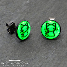 Load image into Gallery viewer, Black Anodized Kitty Cat Glow in the Dark Stud Earrings by Onyx O
