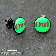 Load image into Gallery viewer, Black Anodized OUI Glow in the Dark Stud Earrings by Onyx O
