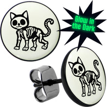 Load image into Gallery viewer, Black Anodized Skeleton Kitty Cat Glow in the Dark Stud Earrings by Onyx O
