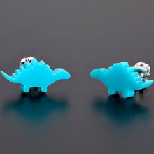 Load image into Gallery viewer, Blue Acrylic Stegosaurus Dinosaur Stud Earrings
