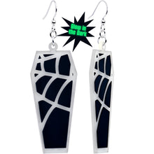 Load image into Gallery viewer, Glowing Spider Web Coffin Glow in the Dark Dangle Earrings by Onyx O
