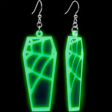 Load image into Gallery viewer, Glowing Spider Web Coffin Glow in the Dark Dangle Earrings by Onyx O
