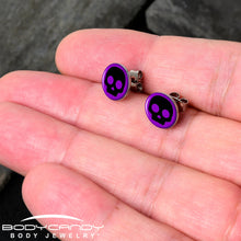 Load image into Gallery viewer, Purple Black Simple Skull Stud Earrings by Onyx O
