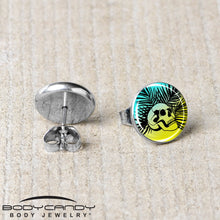 Load image into Gallery viewer, Blue Haze Sunset Skull and Palms Stud Earrings by Onyx O
