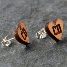 Load image into Gallery viewer, Custom No 2 Earrings Wood Initial Heart Personalized Stud Earrings
