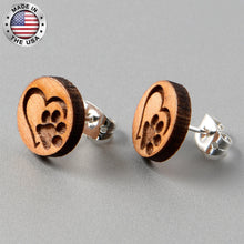 Load image into Gallery viewer, Natural Maple Wood Heart Paw Print Stud Earrings
