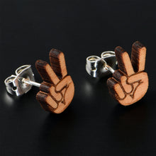 Load image into Gallery viewer, Natural Maple Wood Peace Sign Fingers Stud Earrings
