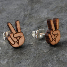 Load image into Gallery viewer, Natural Maple Wood Peace Sign Fingers Stud Earrings
